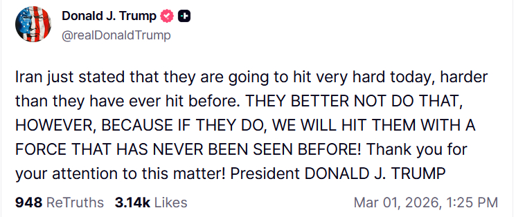 #特朗普威胁伊朗最好别报复# 【特朗普：伊朗称今天要发动非常猛烈的打击，他们最好