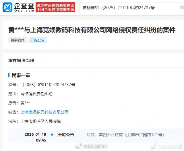 【黄杨钿甜维权案将开庭】黄杨钿甜起诉B站 企查查APP显示，近日，法院公开黄杨钿