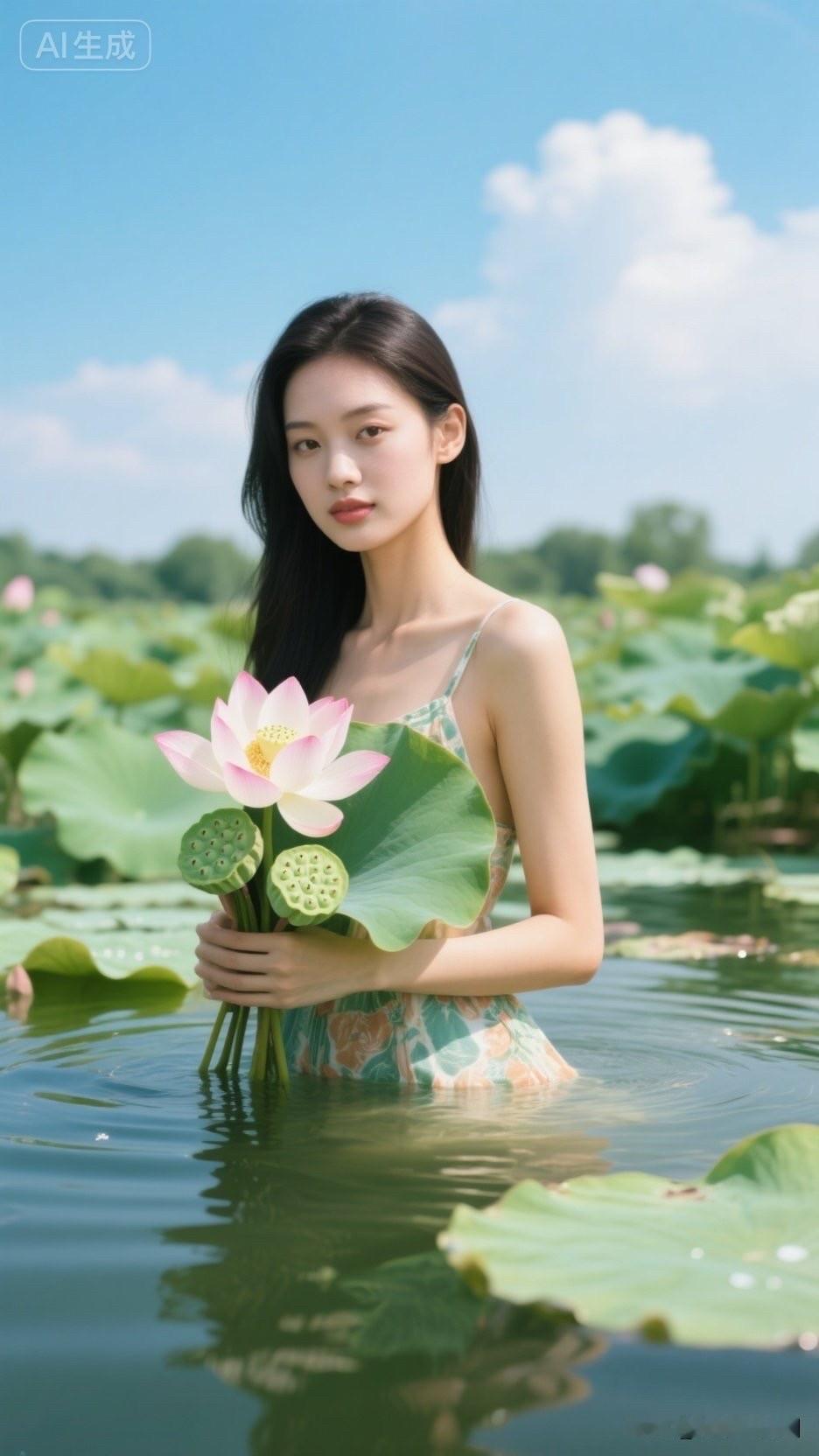 一位姑娘手捧莲花，站在湖边。