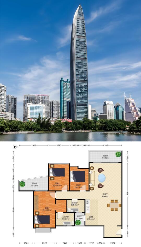 京基一百，大三房，870万，次新楼盘