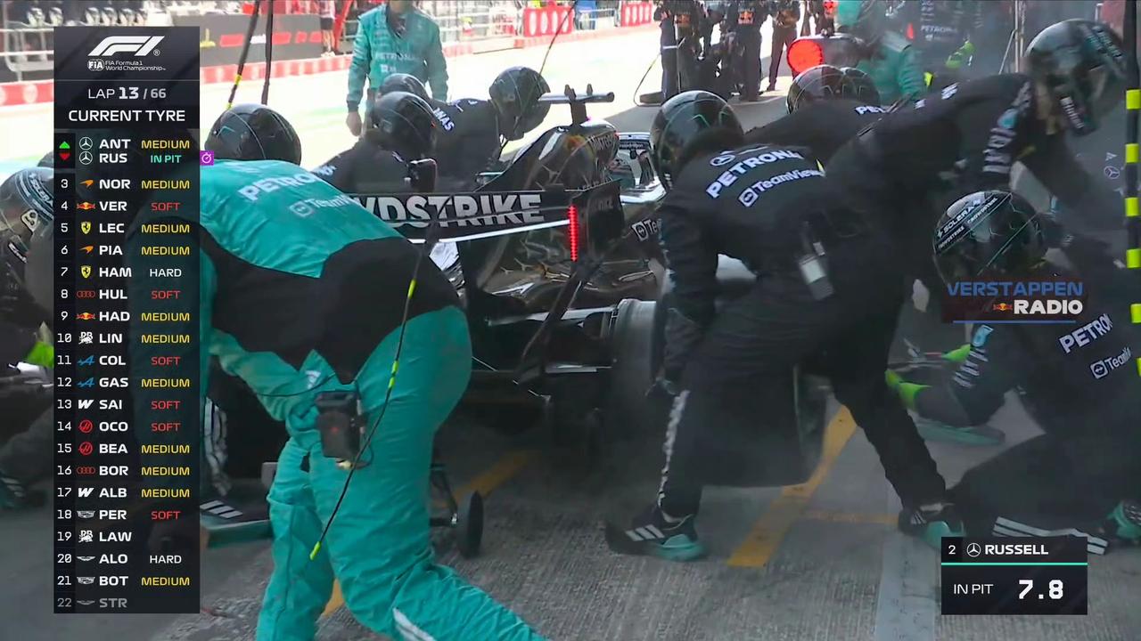 2026F1巴塞罗那大奖赛正赛，Lap13/66
拉塞尔做出回应，进站后同样换上