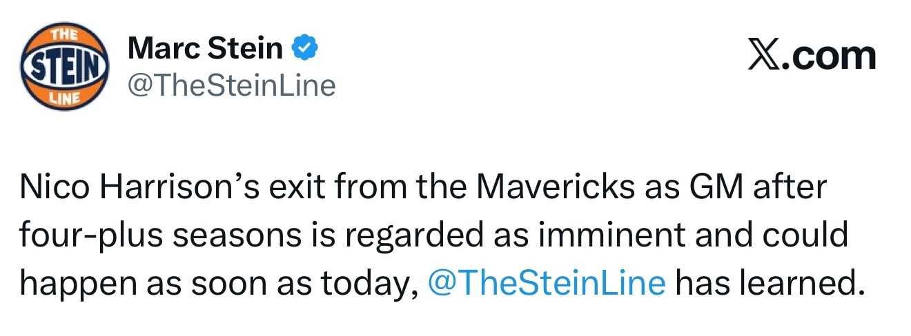 马克·斯特恩率先爆料，为独行侠任职四年多的总经理Nico即将离任，最快将在今天发
