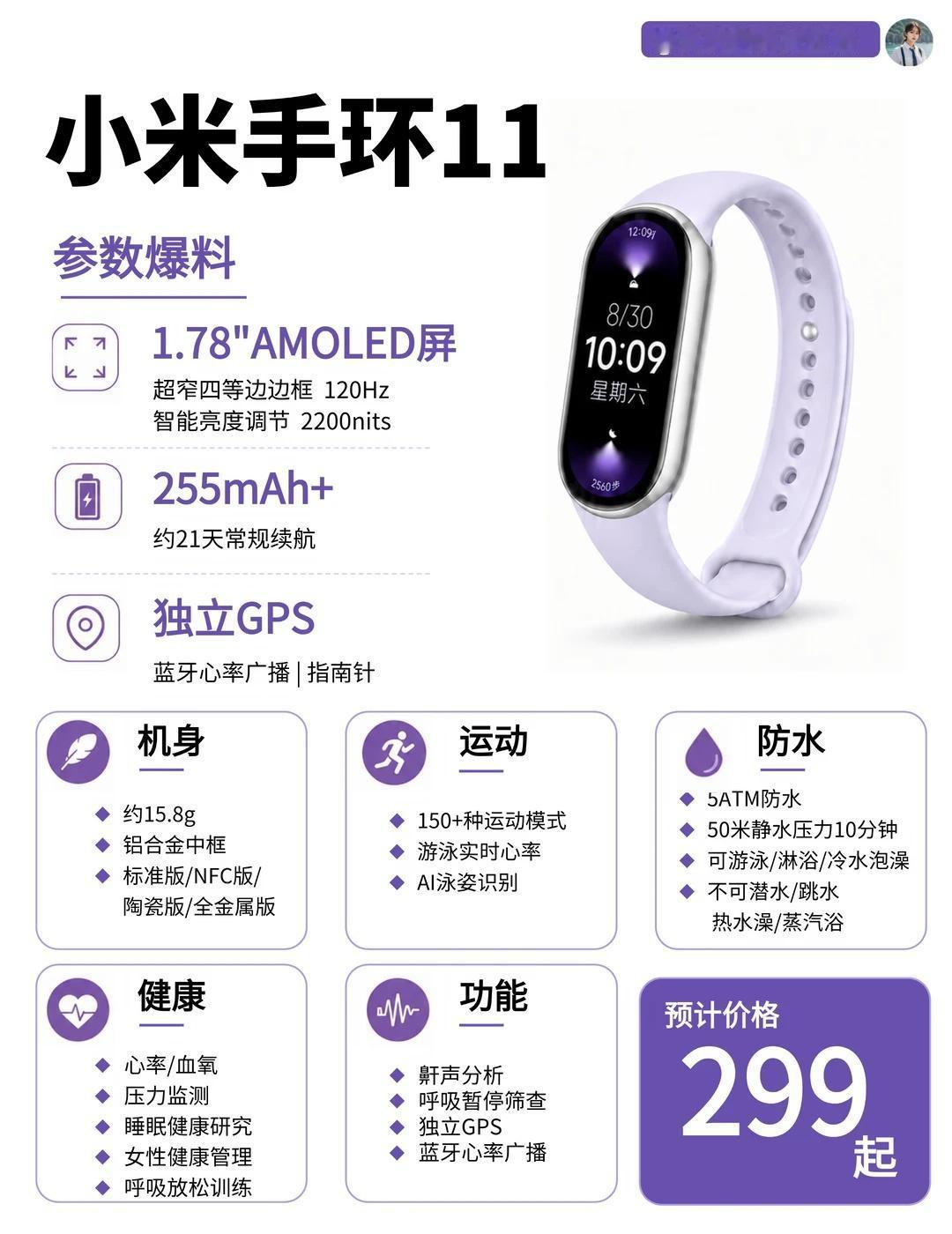 卷王来了✨小米手环11四版本你选谁？
小米手环11四版本曝光，预计于9月中旬正式