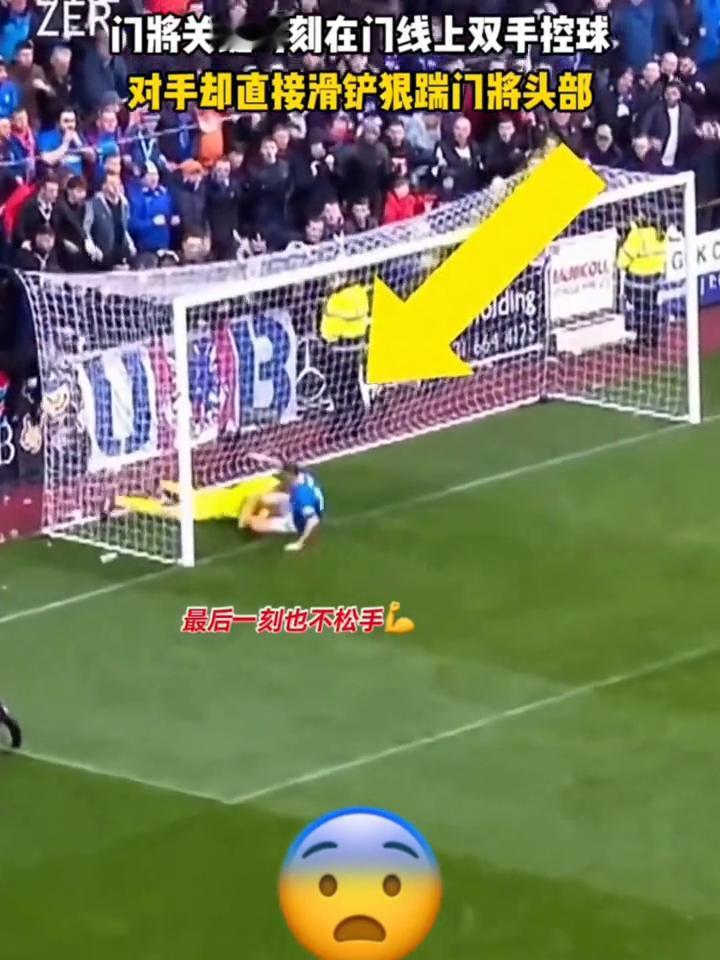 门将关键时刻在门线上双手控球，对手却直接滑铲狠踹门将头部，最后一刻也不松手，严重