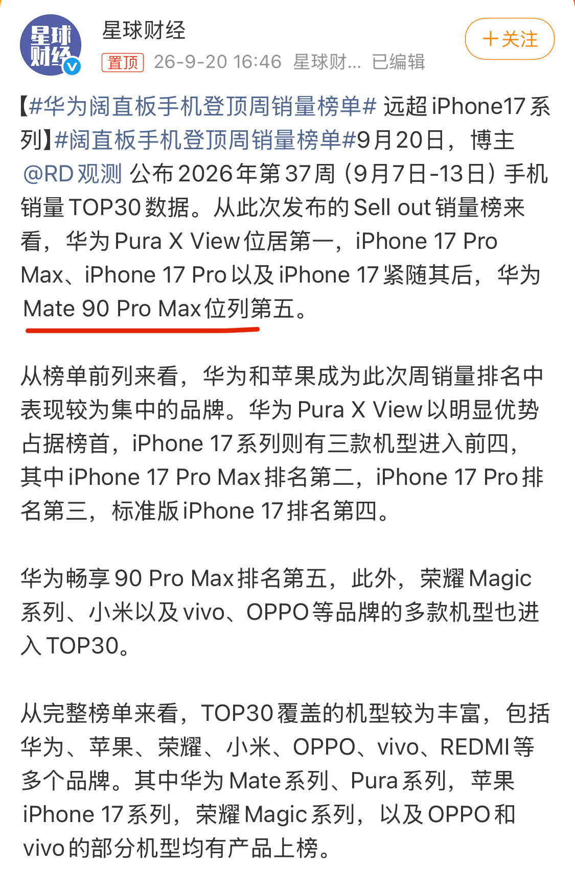 华为阔直板手机登顶周销量榜单打错字了吧？这篇报道有点没看懂。。 ​​​