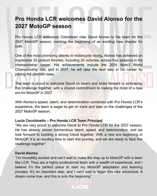 MotoGP[超话]2026motogp印尼大奖赛 LCR官宣大卫.阿隆索将在新