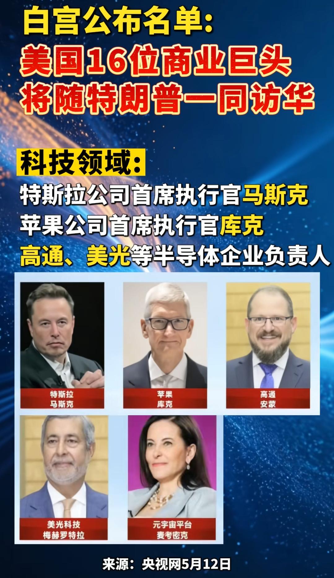 特朗普访华团队曝光，
美国能拿得出手的人都来了。
阵容空前强大，

科技领域有 