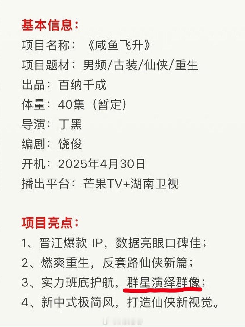 王鹤棣粉丝不满《咸鱼飞升》招商项目书（图一）可能不爽那句“群星演绎群像”？ ​​