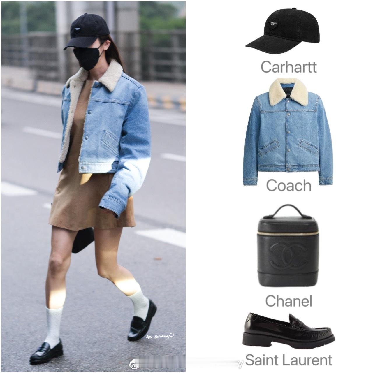 Jessica郑秀妍最新机场私服解析，淡蓝色牛仔夹克搭配杏色A字裙，演绎早春时尚