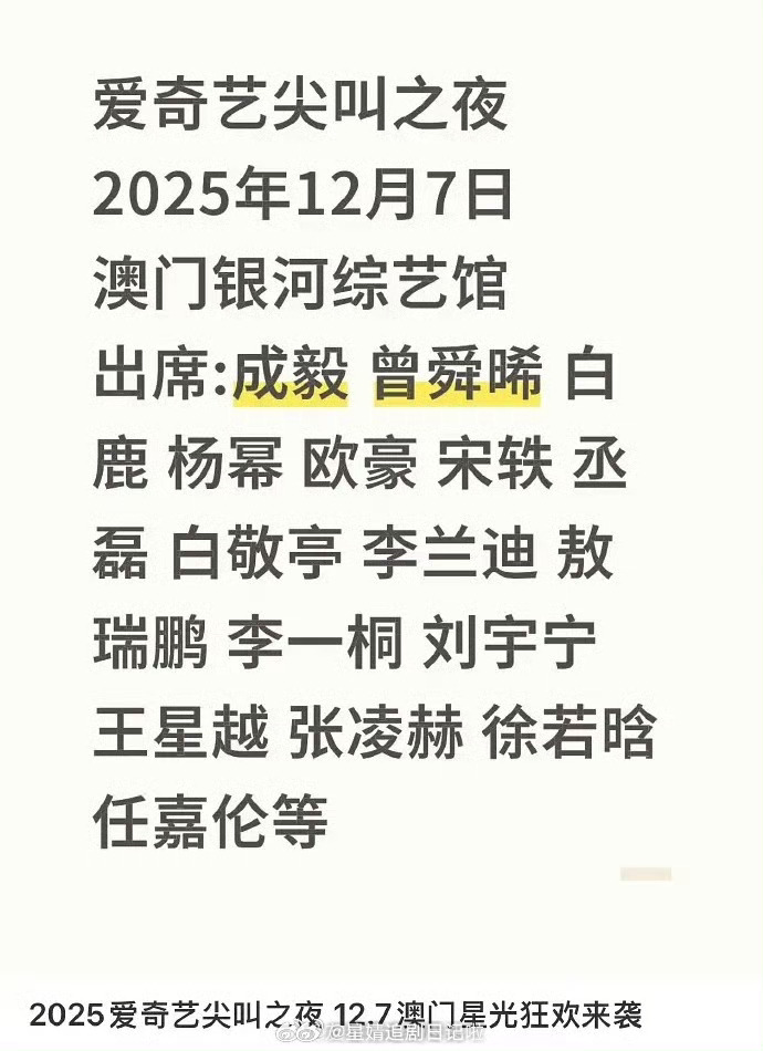 网传爱奇艺尖叫之夜出席嘉宾名单尖叫女神杨幂，尖叫男神成毅白敬亭刘宇宁感觉都有可能