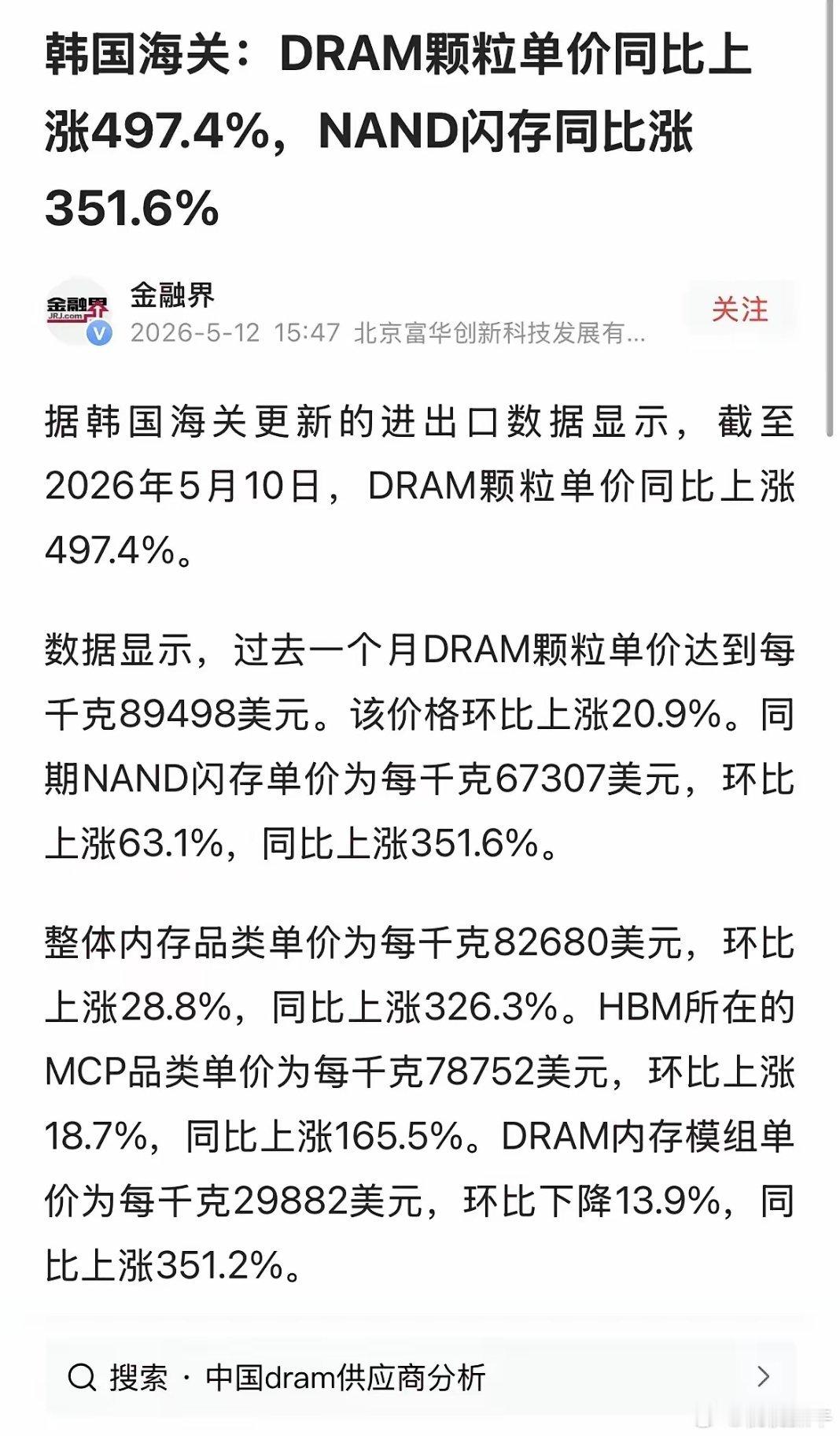 重磅！同比涨近5倍！韩国海关数据实锤，存储芯片涨价潮彻底失控韩国海关最新数据出炉