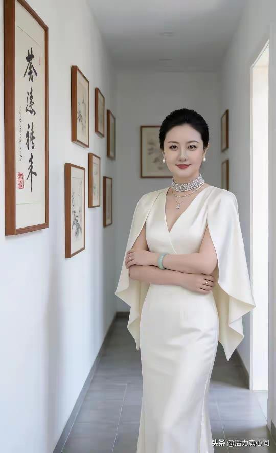 东方佳丽，出水芙蓉。
高贵雅致，米白缎面。
披风礼服，贵气搭配。
冰肌玉骨，明眸