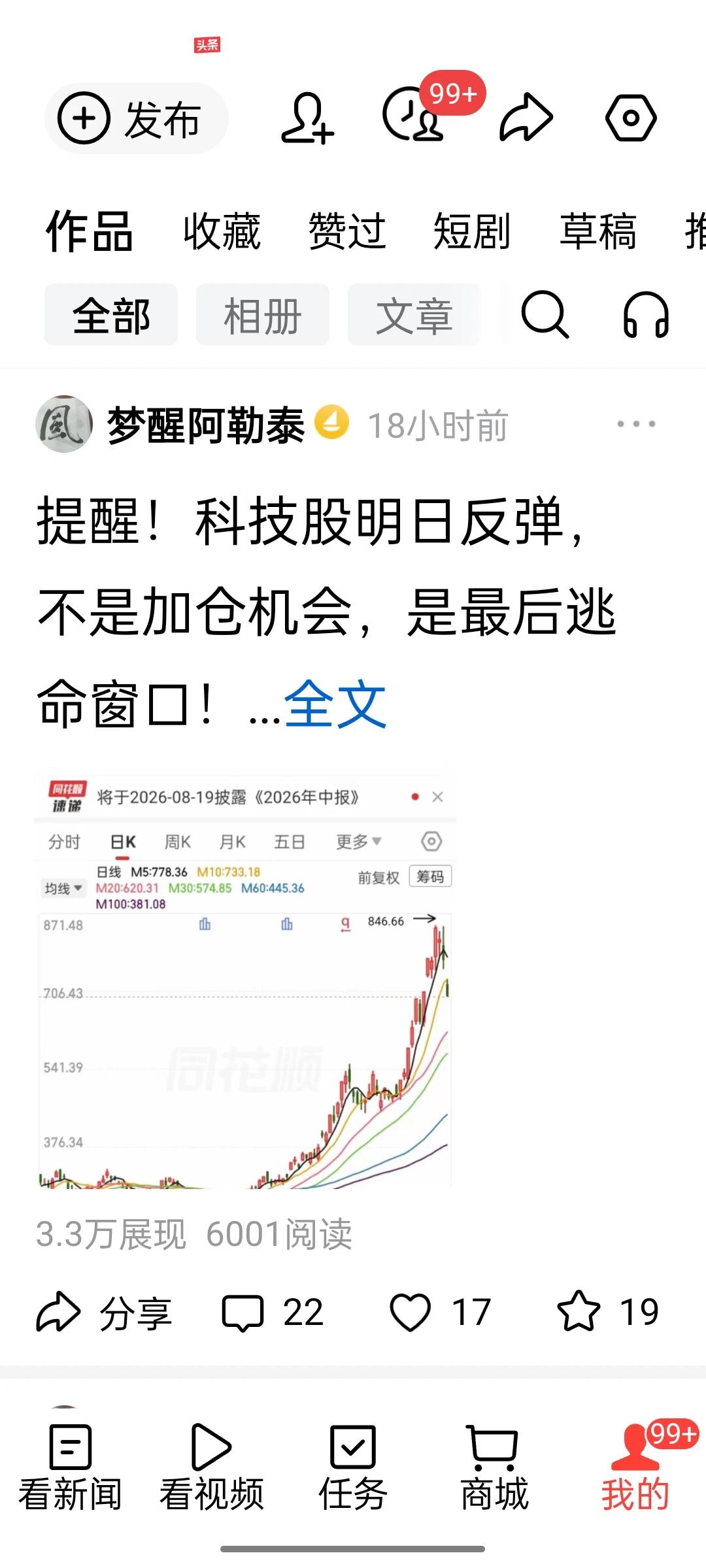 这是昨天的文章！科技股赚了落袋才叫钱！[比心]