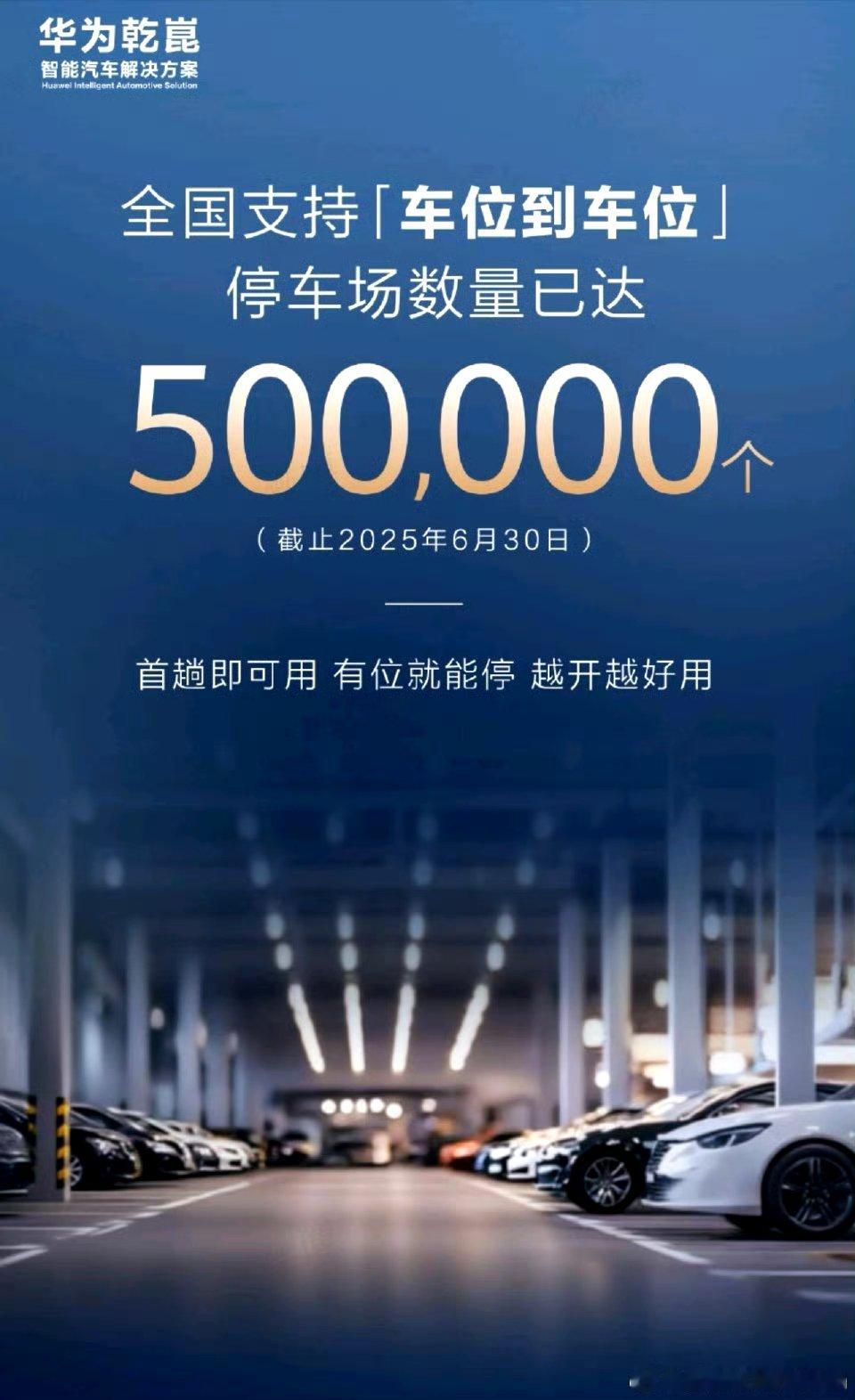 500000个停车场支持华为乾崑车位到车位了。 ​​​