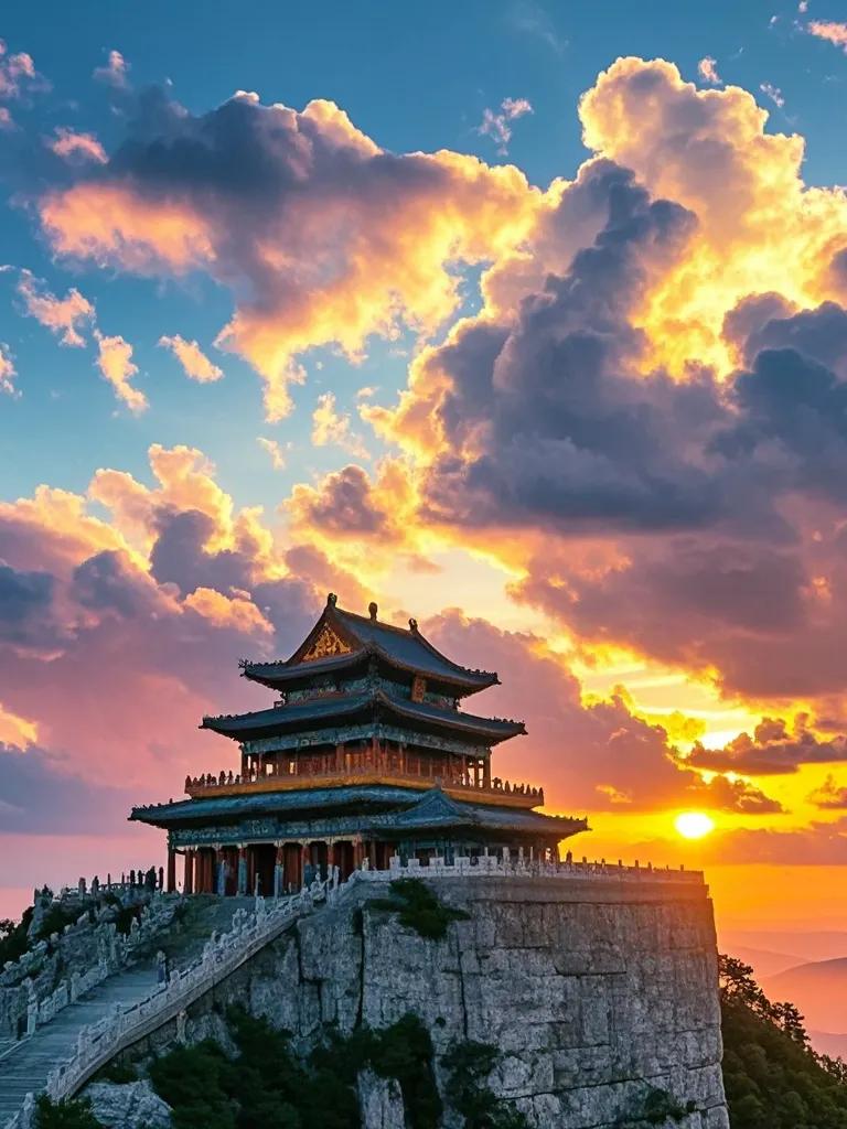  在玉皇顶，夕阳宛如一位绝世画家，用绚丽的色彩，在天幕上挥毫，将云彩晕染成梦幻的