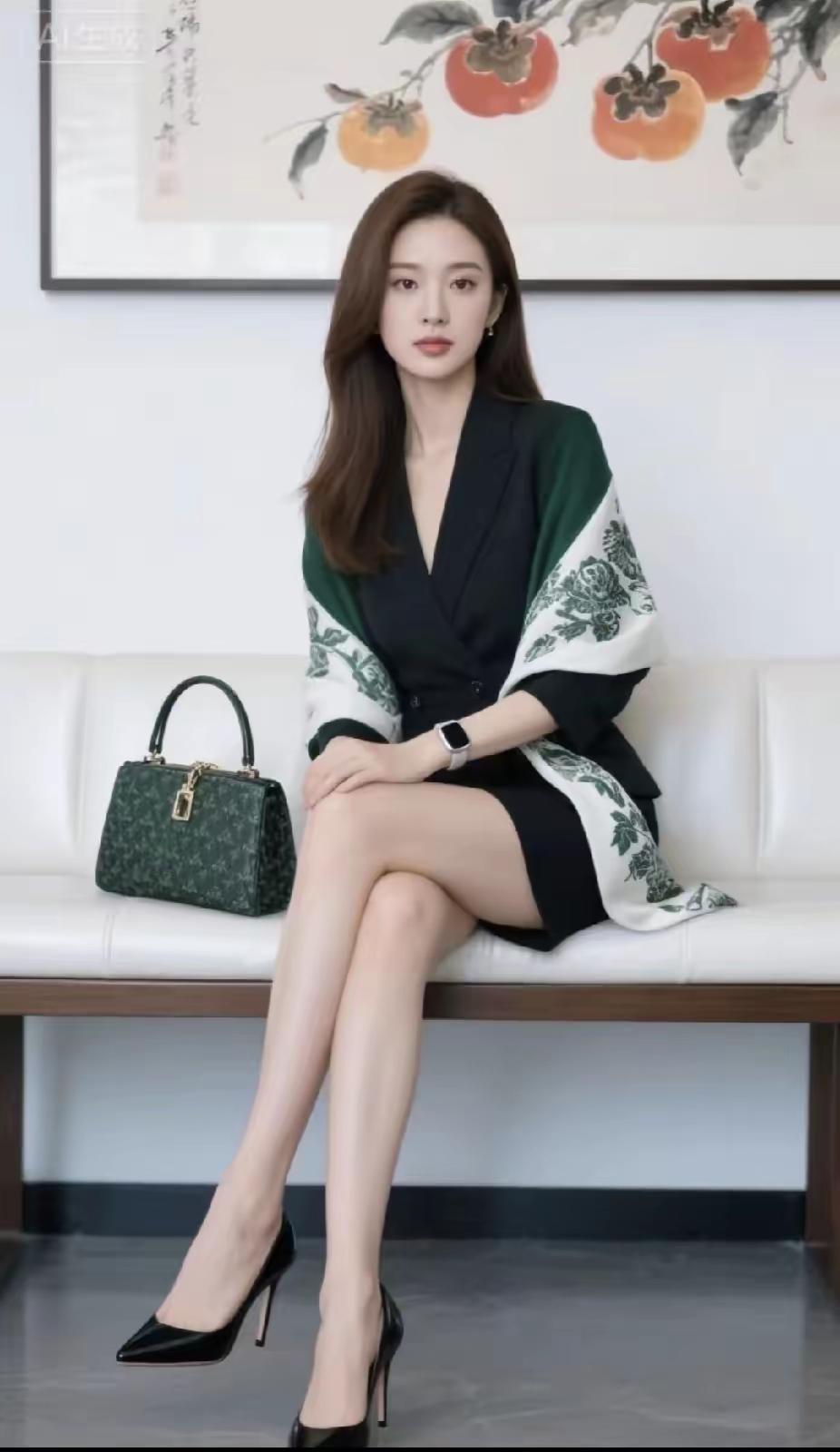 优雅职场穿搭，黑白绿拼接连衣裙搭配黑色高跟鞋，尽显时尚与自信！