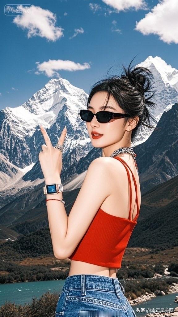雪山下的时尚自拍，红衣少女与自然完美融合
