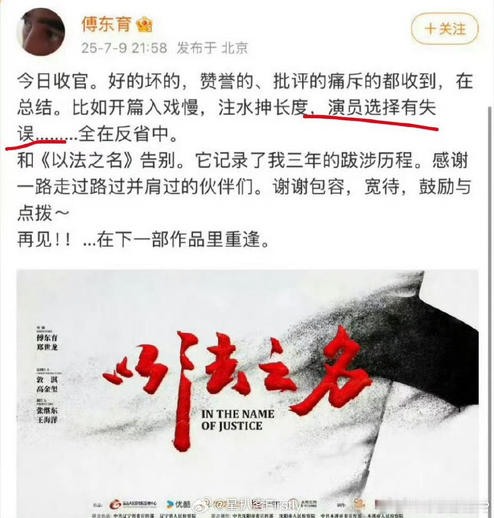 以法之名导演说在反省中导演说好的坏的，赞誉的、批评的痛斥的都收到，在总结。比如开