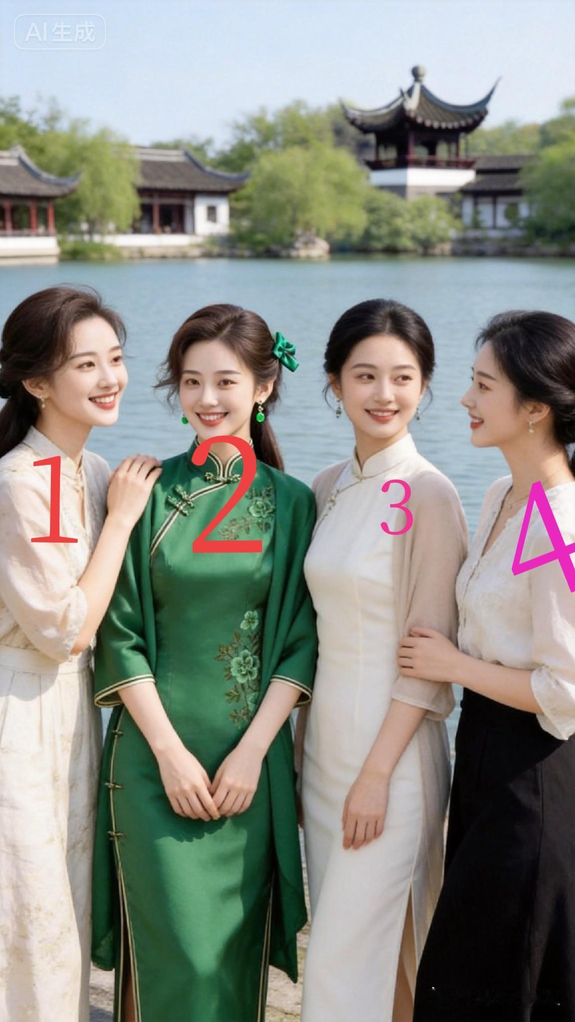 四个姐妹在湖边合影，笑容灿烂。
但都未婚，娶那位作老婆合适读者评，都刚大学毕业同
