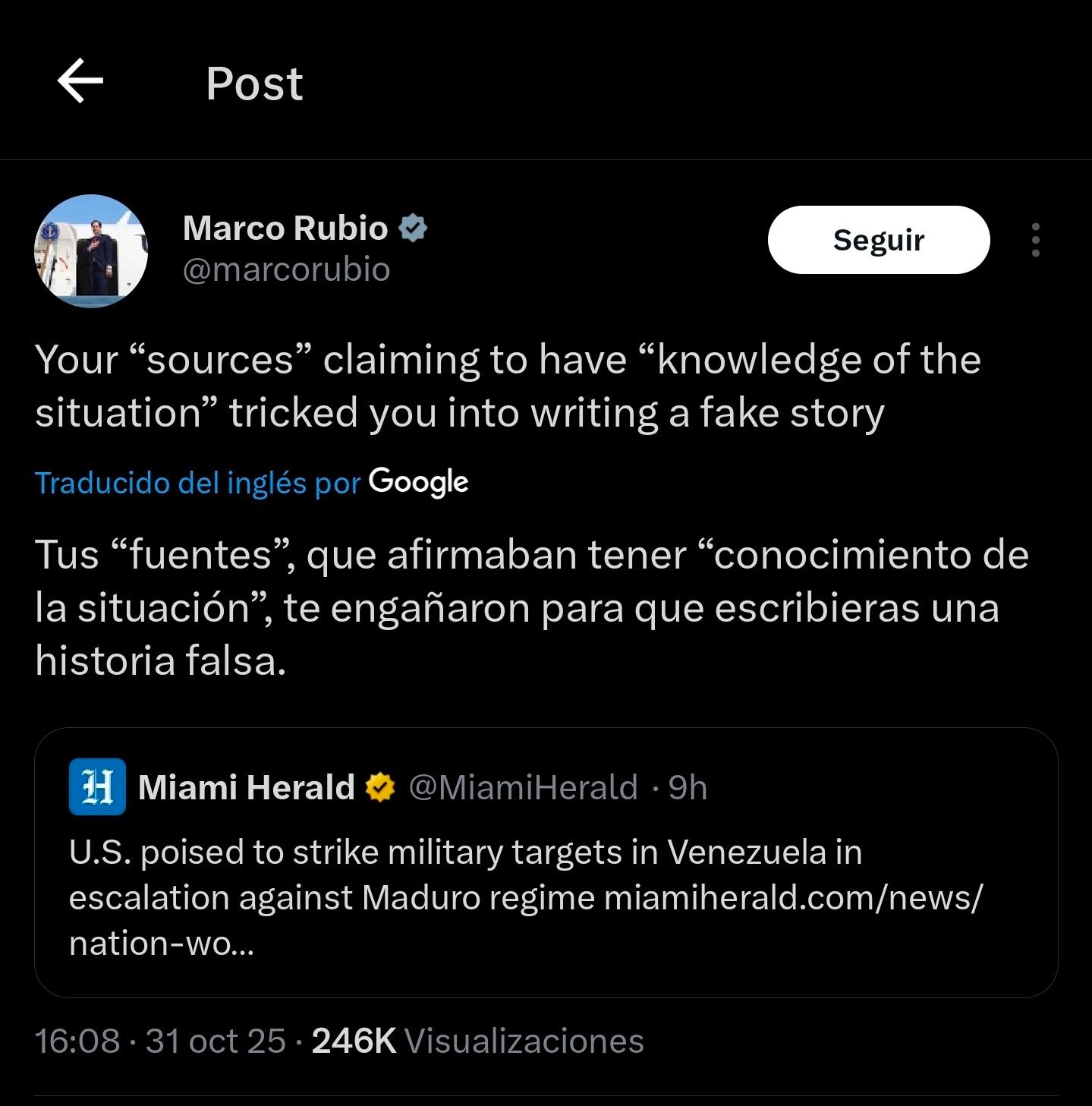 ❗马可·鲁比奥就针对委内瑞拉的袭击事件驳斥《迈阿密先驱报》：“他们（知情人士)骗