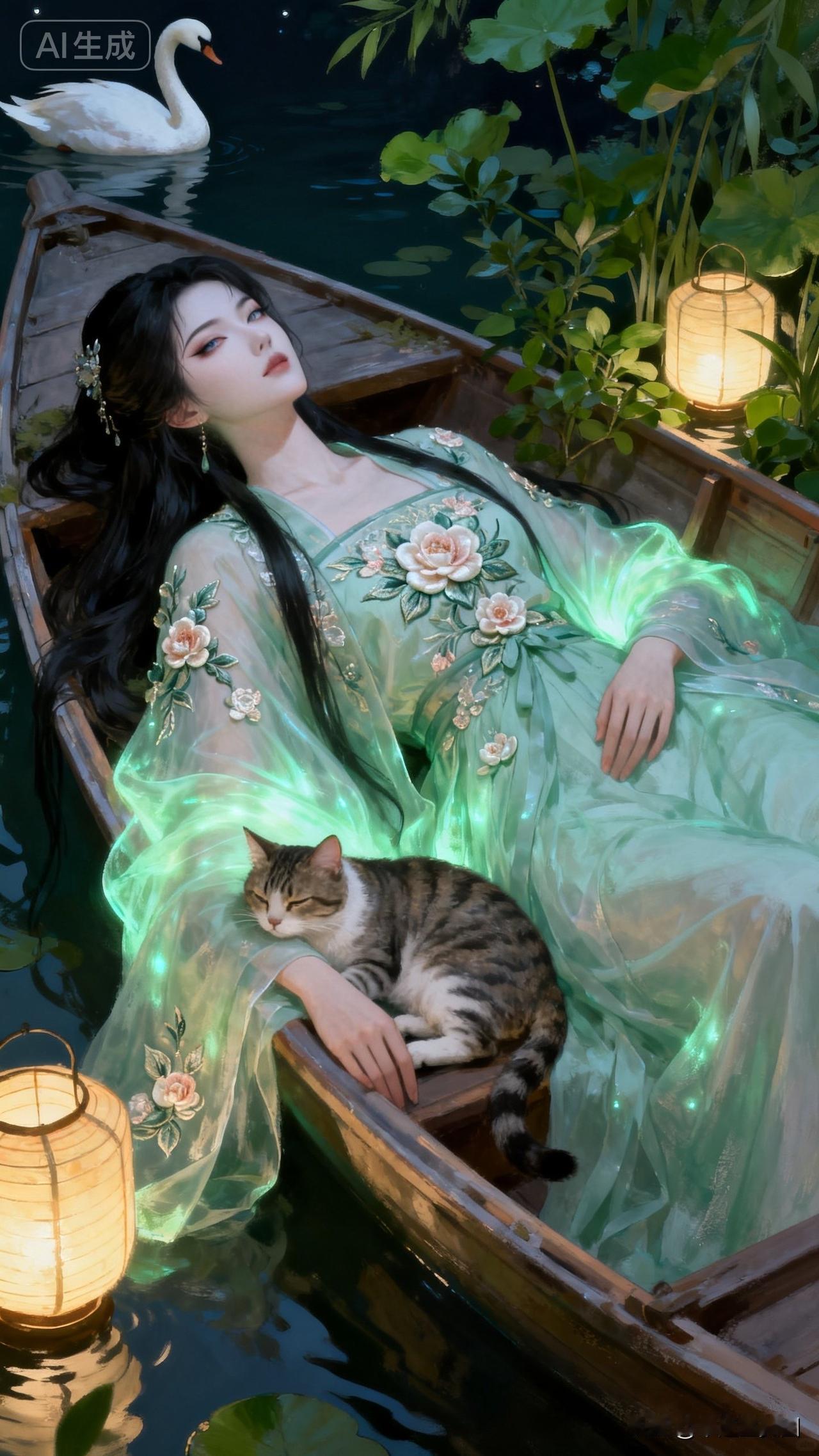 “夜色中的仙子与猫，静谧的湖面，梦幻的灯光，仿佛置身于童话世界。”🌙🐱💫