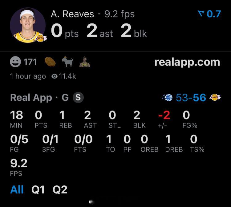李莲英半场5中0，0罚球，得0分。魔术vs湖人