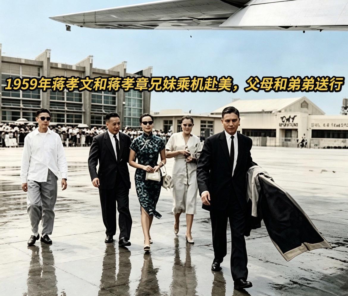 1959年，中国台湾台北松山机场，蒋孝文与蒋孝章兄妹，即将搭乘飞机前往美国。
