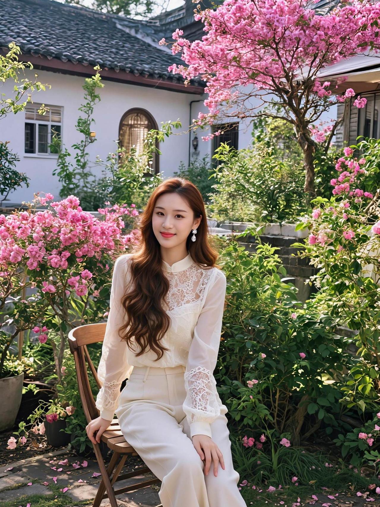 在这片花海中，仿佛时间都慢了下来。阳光透过树叶的缝隙，洒在她的裙摆上，像是为这一