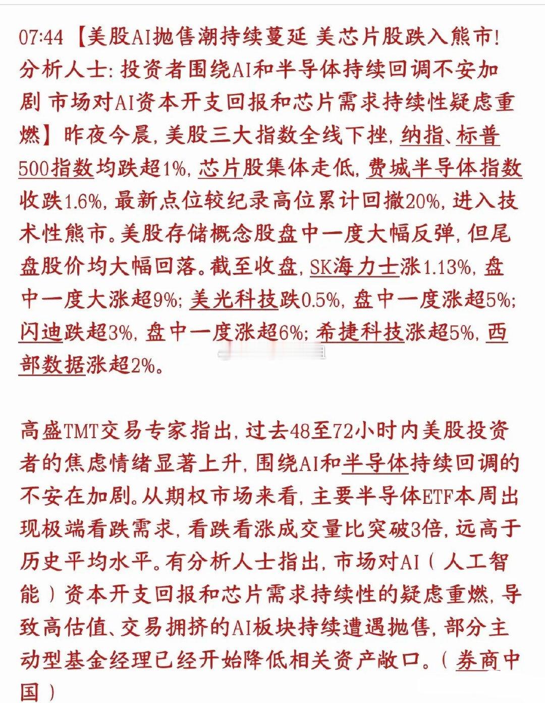美股芯片也进入了熊市，全球AI逻辑发生根本改变，不是就A股跌美股费城半导体指数，