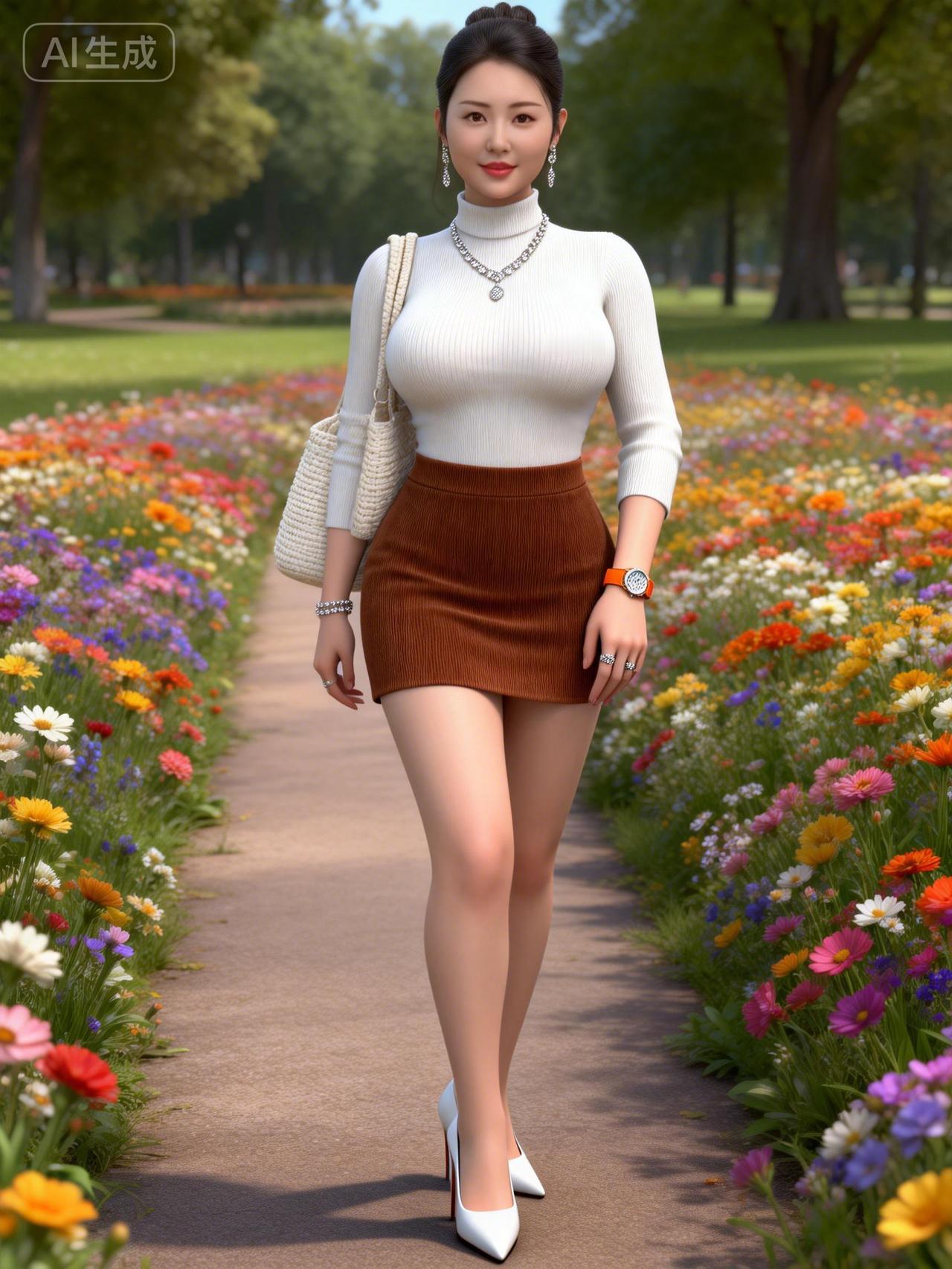 花海漫步，优雅白裙与棕色短裙的完美搭配，尽显时尚与自然之美！