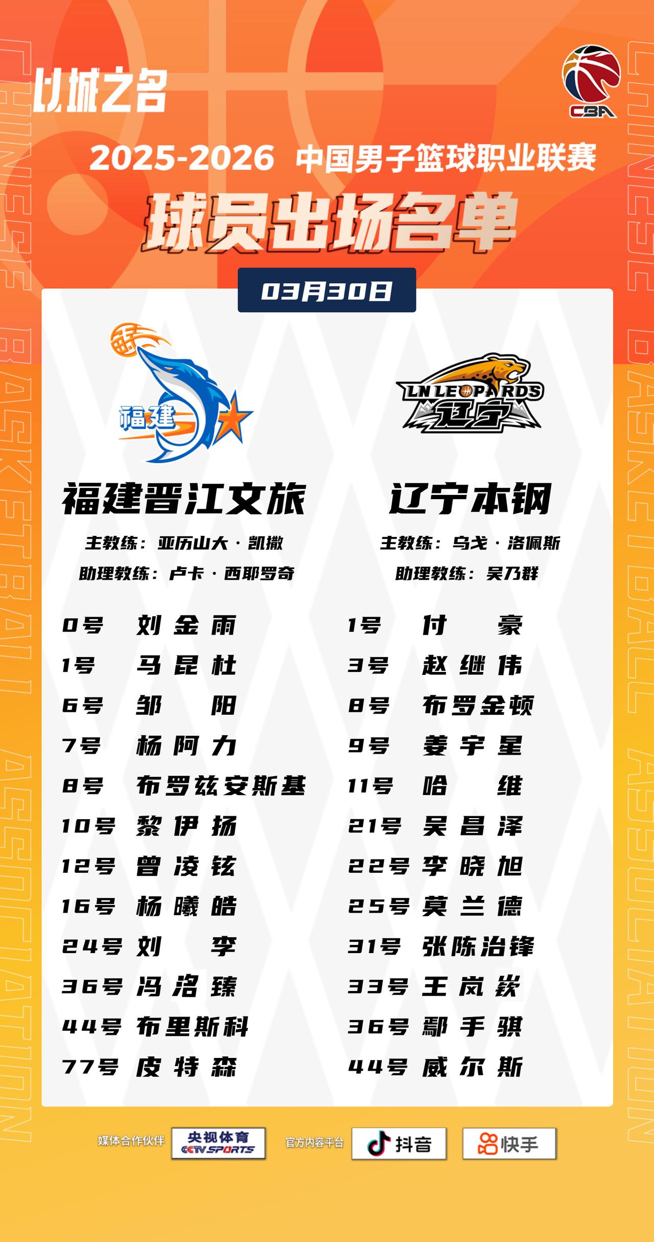 【大名单出炉】2025-2026赛季CBA联赛常规赛第三十二轮今晚继续进行，5场