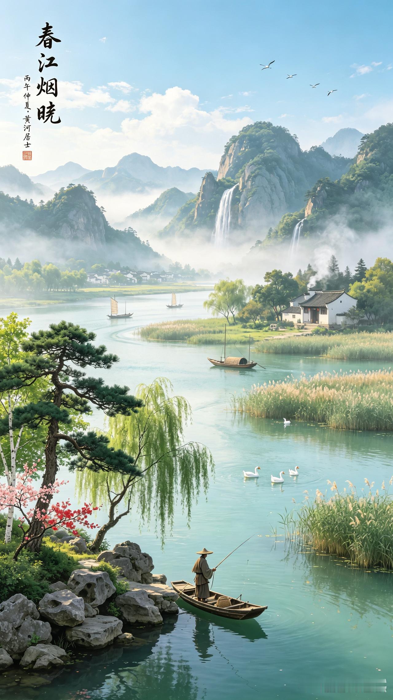 《春江烟晓》春天春江，柳绿花红，小舟漂荡，美好的时光和意境！