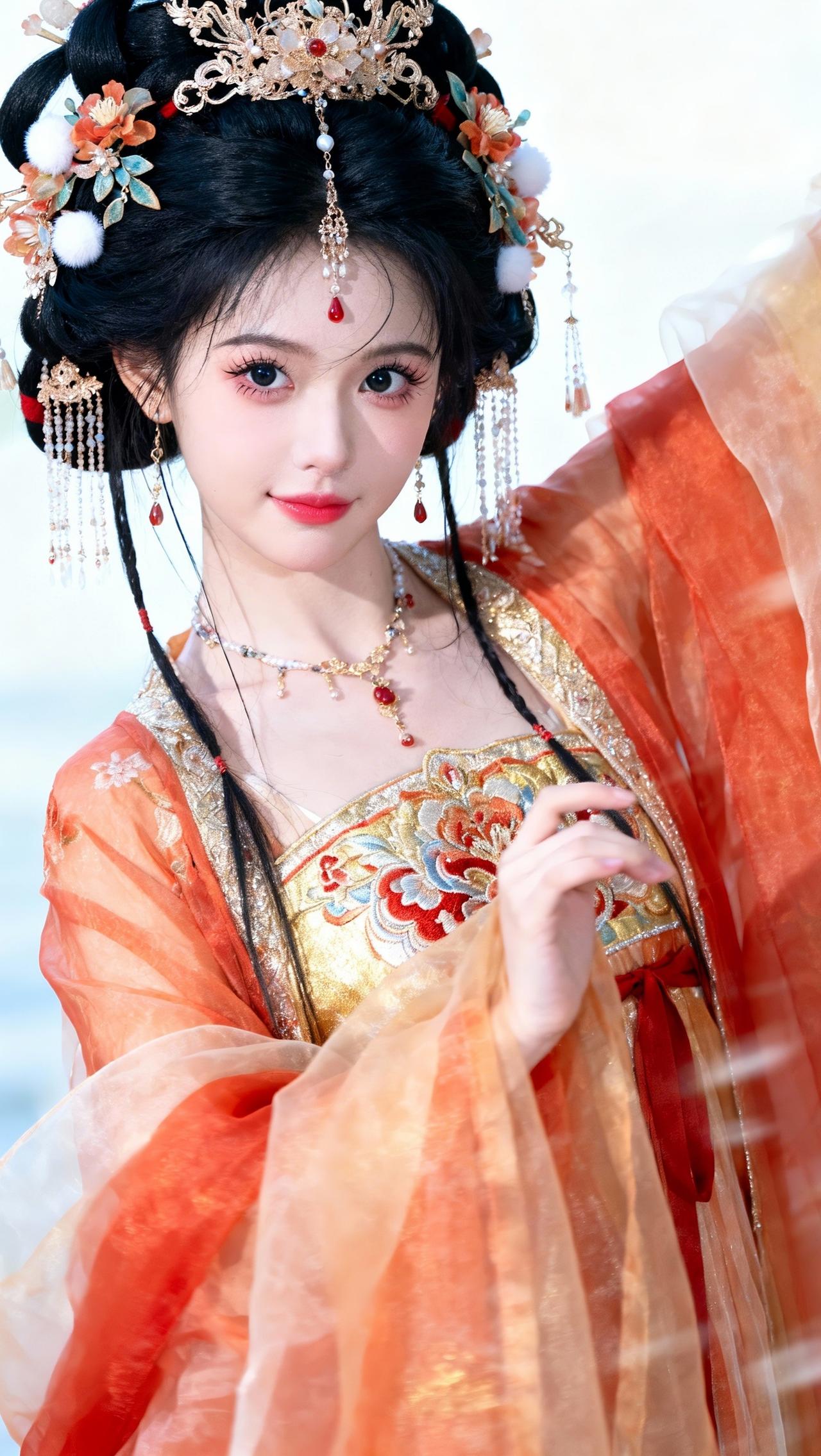 新中式国风汉服金钗缀珠翠，鬓边绒花绯；罗裙曳霞色，眼波裁春辉——是盛唐风里裁出的