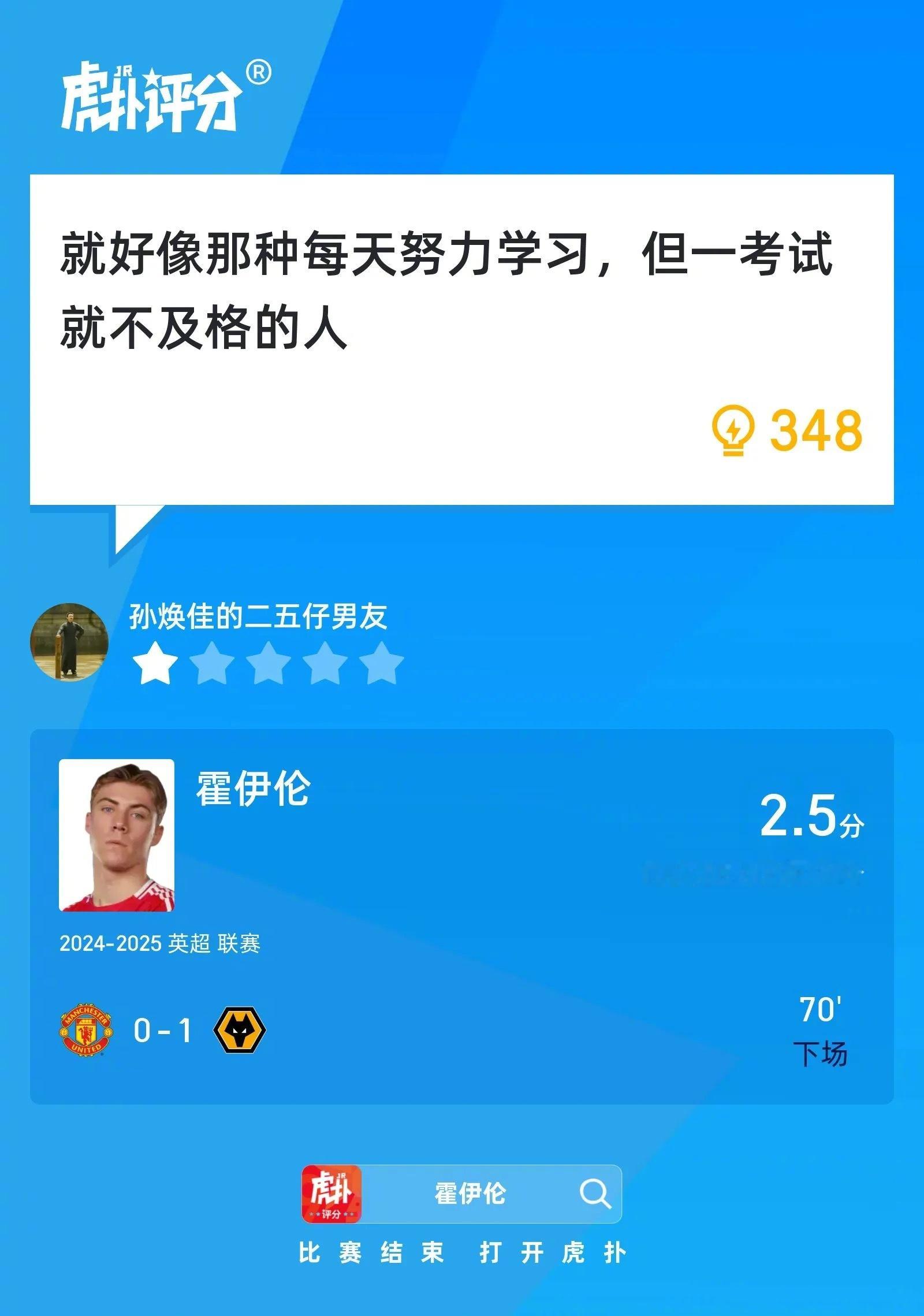 曼联0比1狼队霍伊伦赛后仅收获2.5分，你觉得他本场表现如何？ ​​​