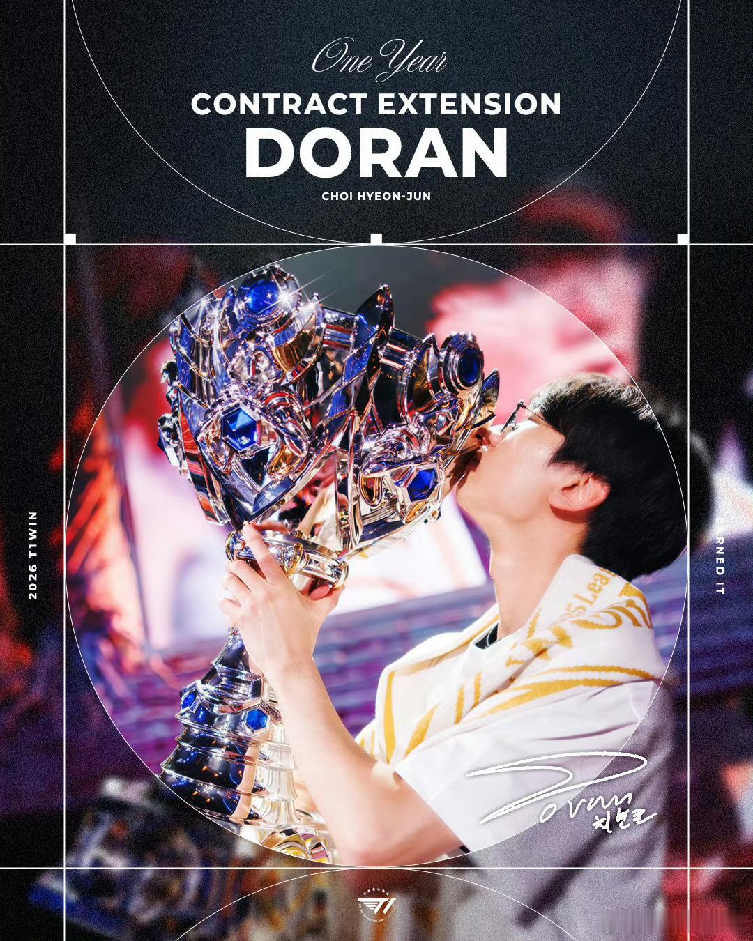 更换AD后T1首发五人的合同年限如下——上单Doran，合同至2026年。打野O