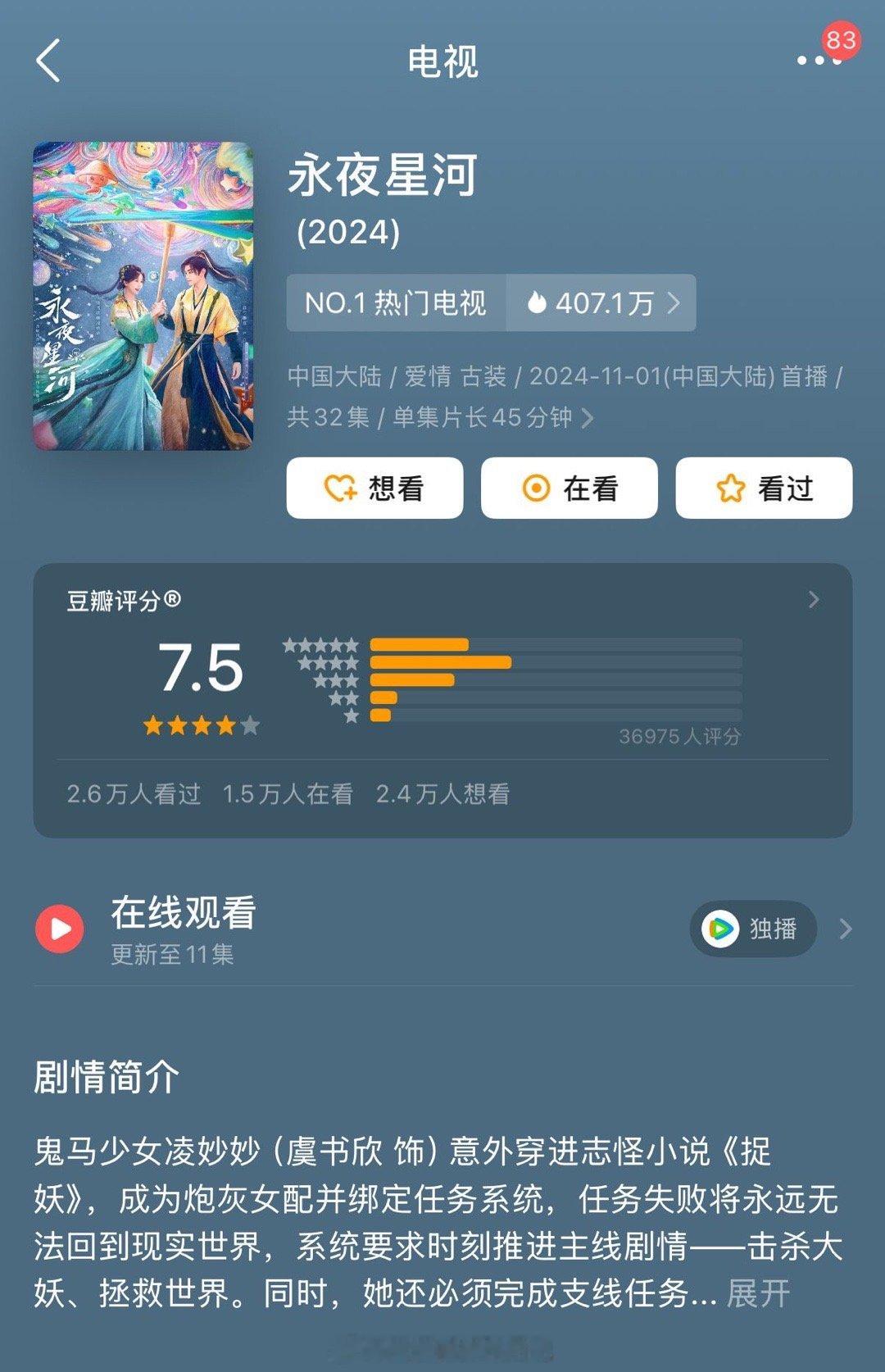 永夜星河豆瓣开分7.5 ​​​