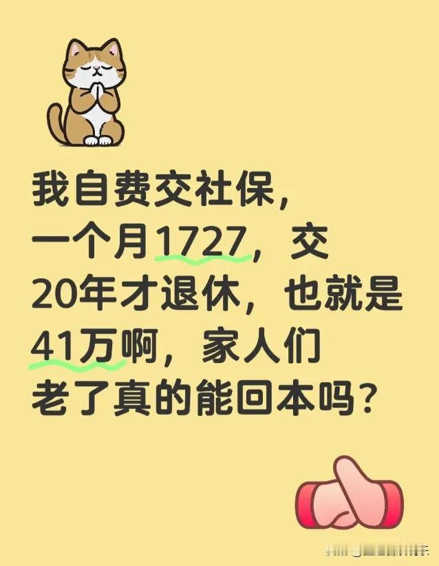 自费缴纳社保，
一个月1727元，交20年退休，就是
41万，家人们，老了真的能