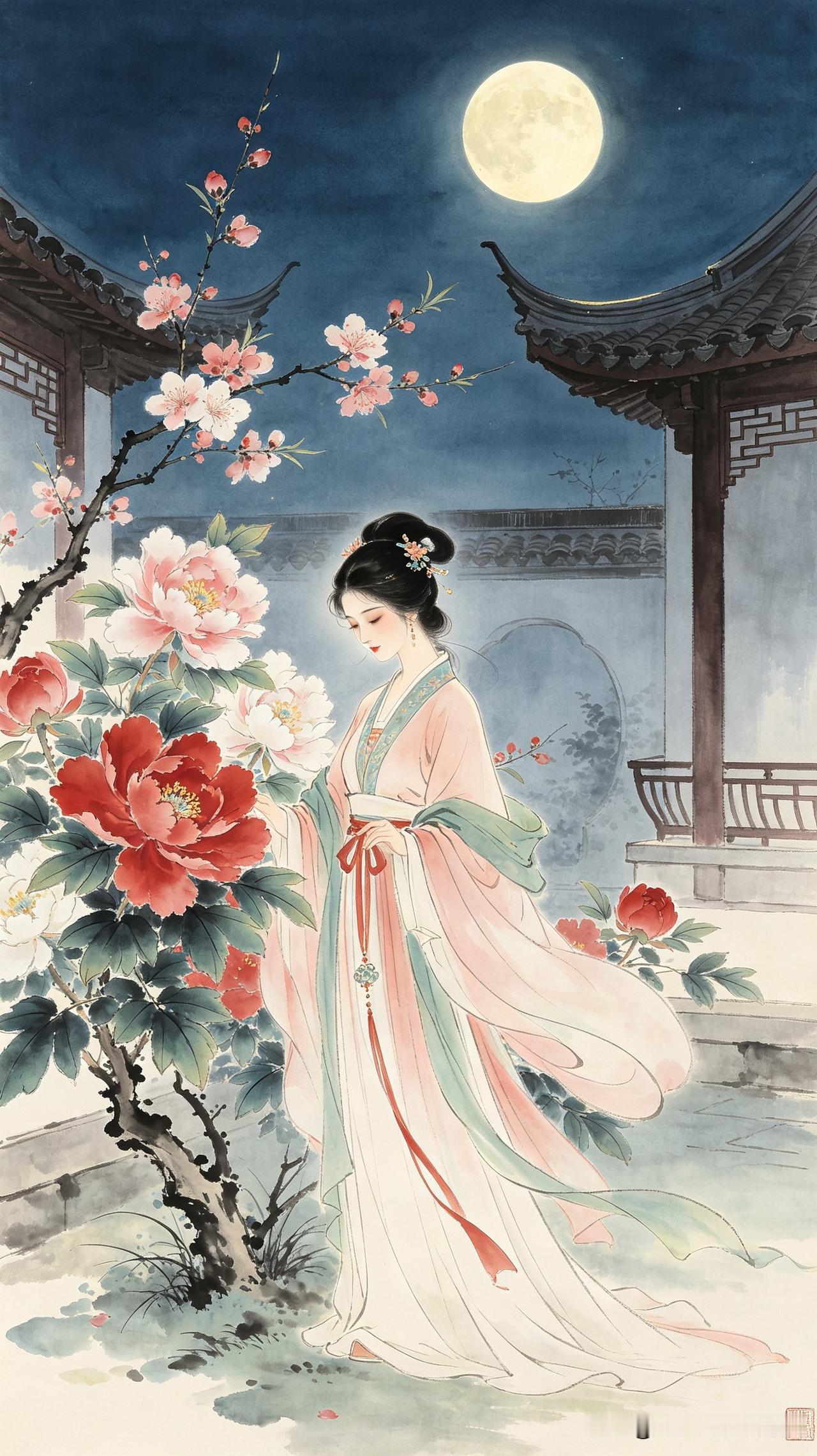 春庭月色净无尘，
照见枝头一朵新。
欲语还休风前立，
     
…………请师友
