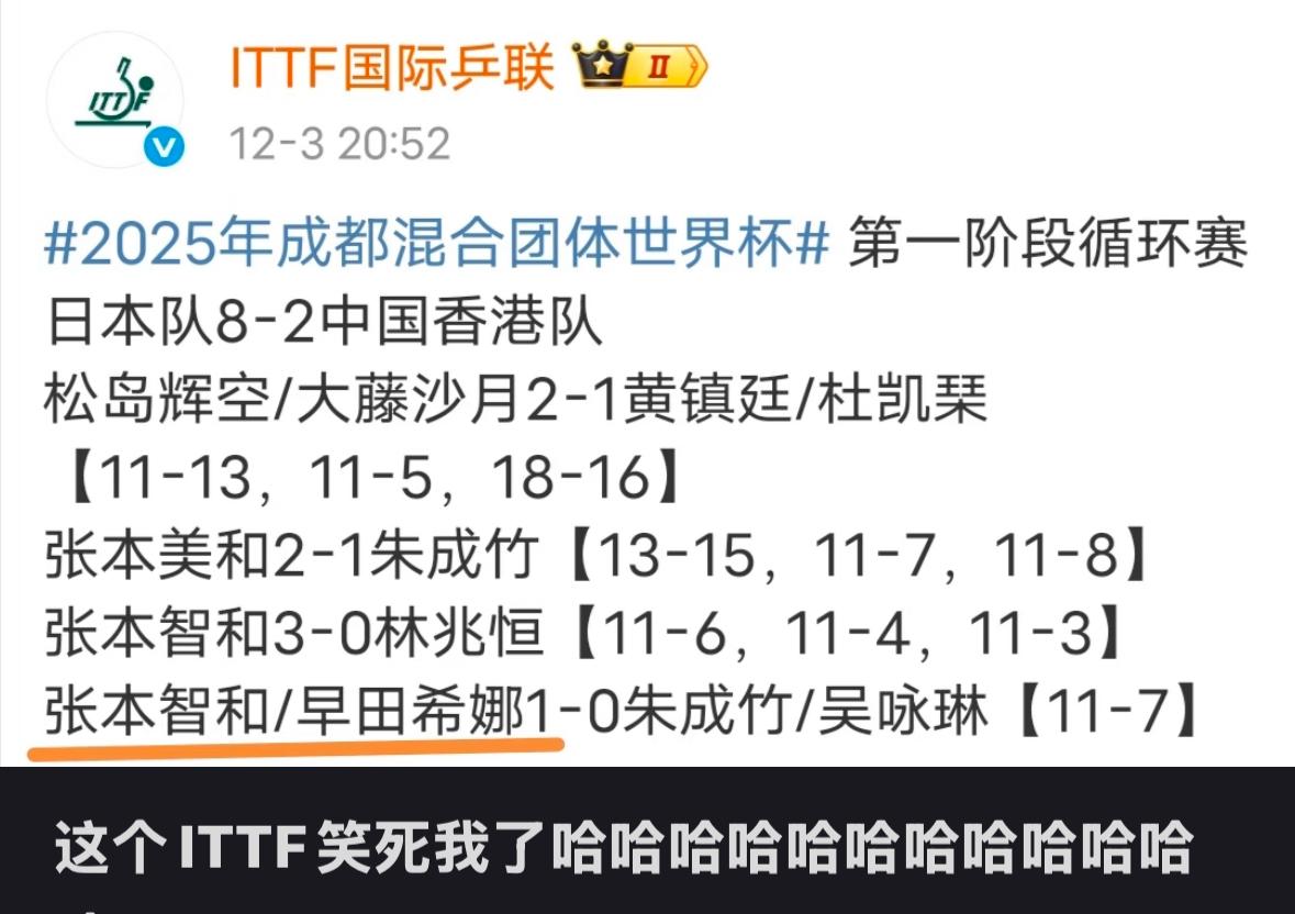 ITTF国际乒联还能范这种低级错误—成都混团 日本8:2中国香港张本智和兄妹傻傻