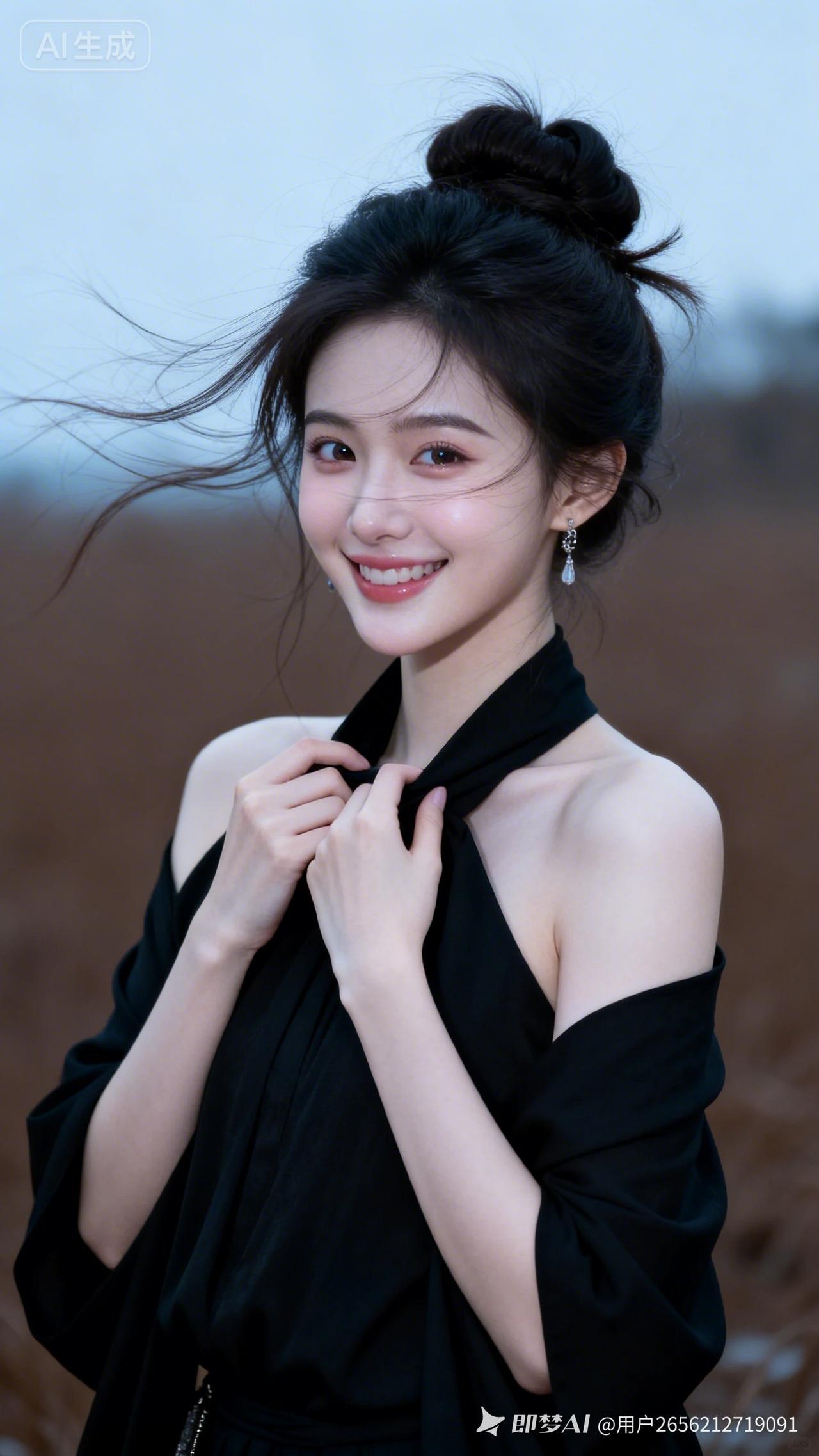 东方绝色少女，简约蓬松盘发，冷白陶瓷肌，尖下巴幼态网感脸。黑大领衣手扶衣领回眸甜