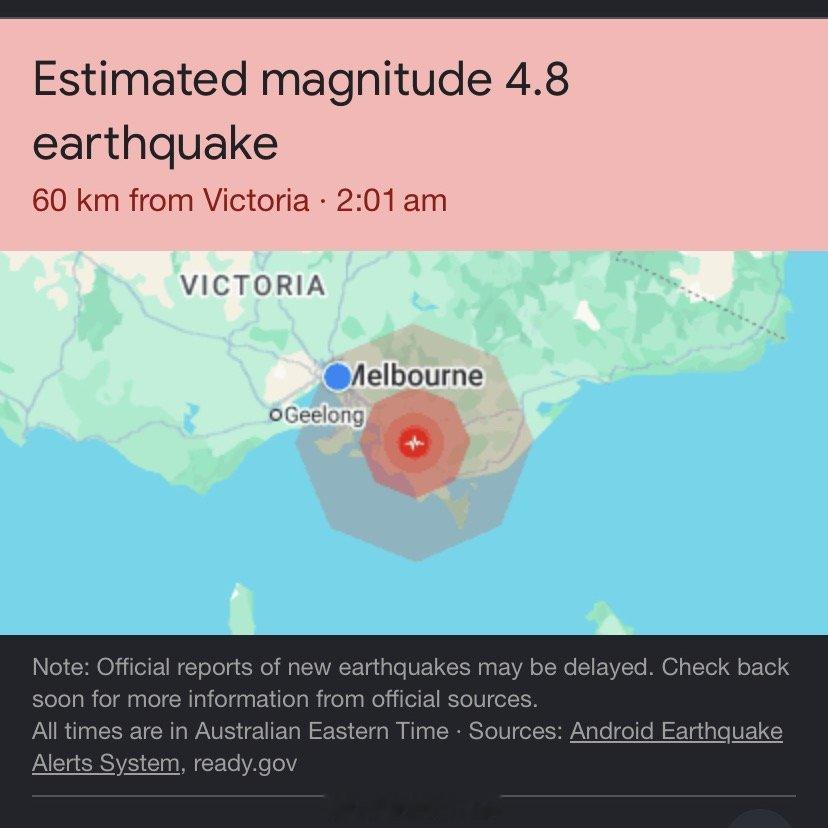 墨尔本地震 刚才被地震晃醒了……4.8级晃了几下应该问题不大🙏🙏澳大利亚[超