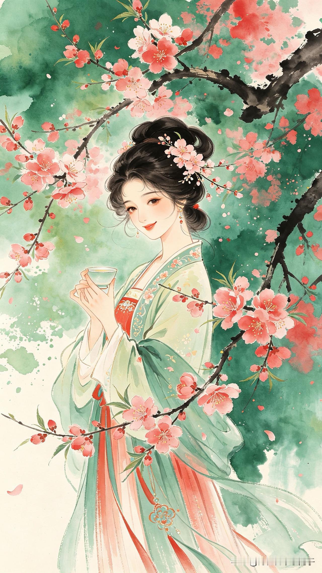 绿云低绾映桃腮，
斜插春枝照眼开。
莫问红颜何所醉，
        
…………
