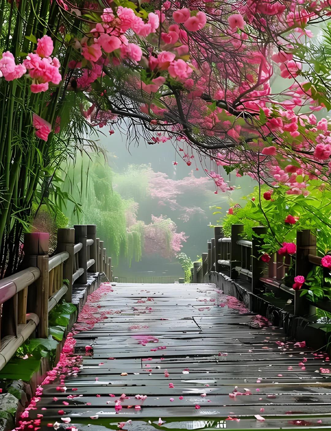 上联：遇见花开风眷恋；
下联：恰逢春暖雨朦胧。