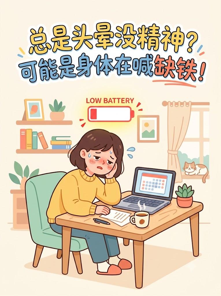 总是头晕没精神？可能是身体在喊“缺铁”！
有什么表现： 动不动就累、面色苍白、经