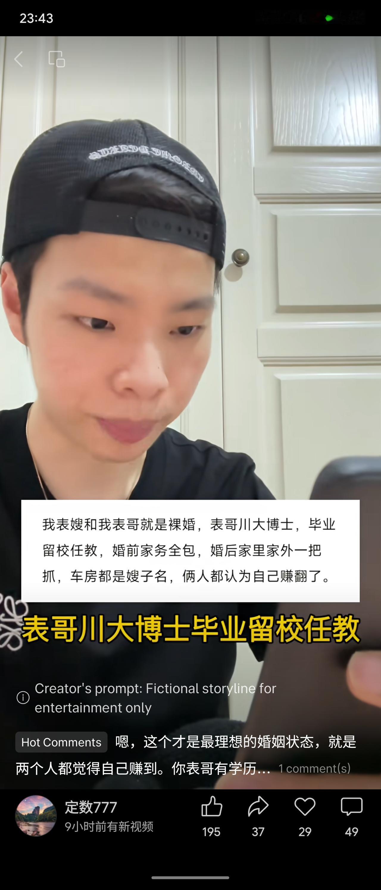 裸婚的表哥是川大博士，留校任教，婚前婚后家务全包，车房全写嫂子名。两人都觉得“自