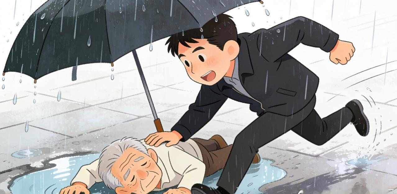 老人不慎摔倒台州男子雨中狂奔救助雨中飞奔，只为及时伸出援手；细心守护，尽显人间温
