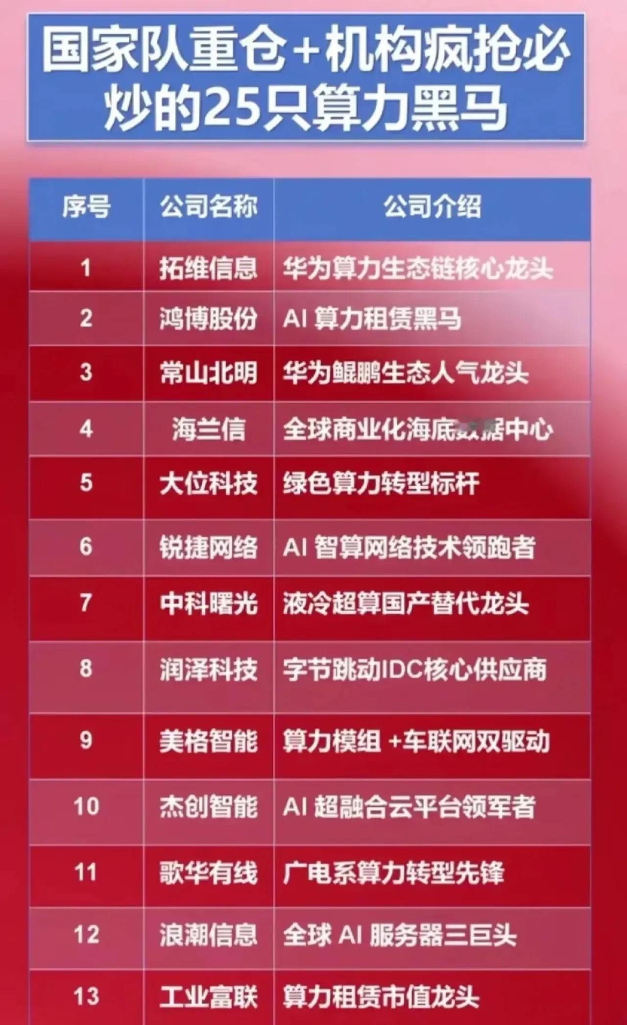 以下是关于“国家队重仓+机构疯抢必炒的25只算力黑马”，聚焦于当前热门的算力相关