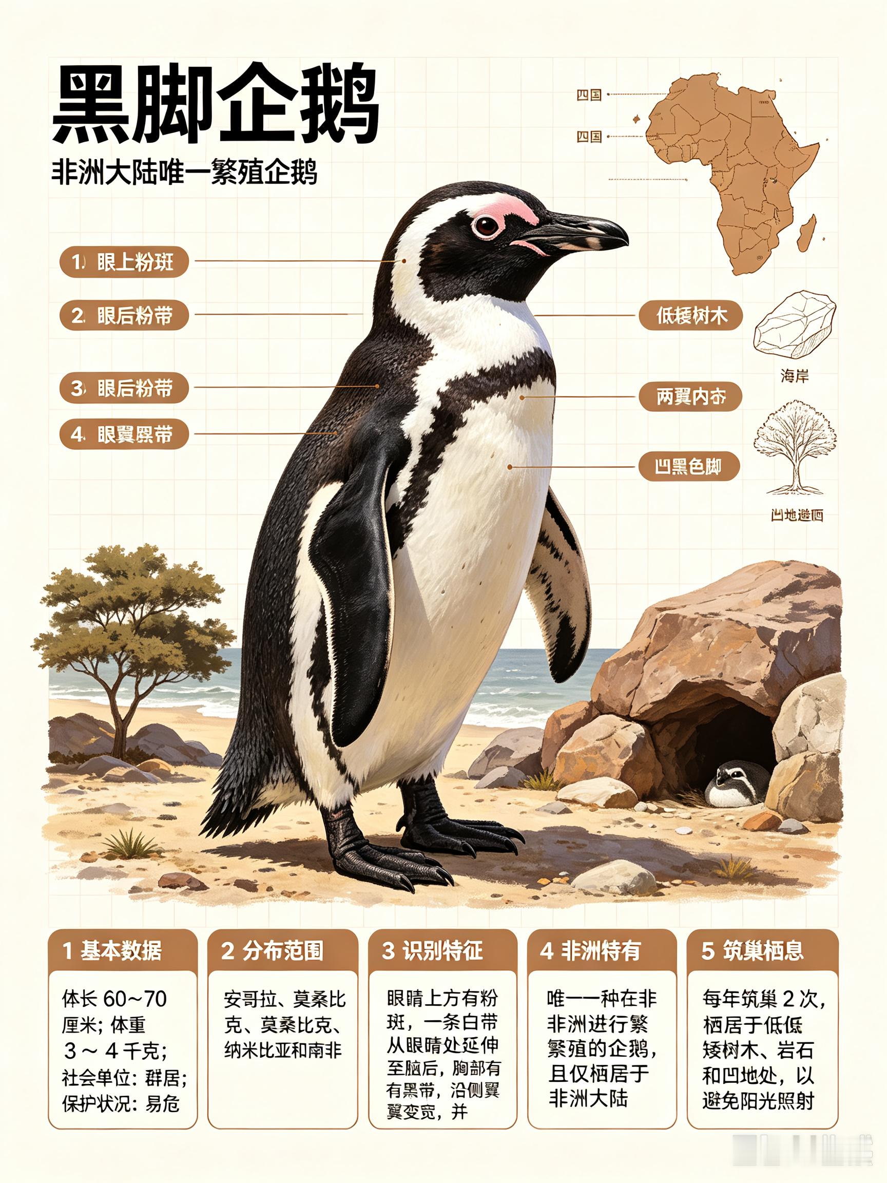 鸟类朋友图鉴 黑脚企鹅体长：60~70 厘米体重：3~4 千克社会单位：群居保护