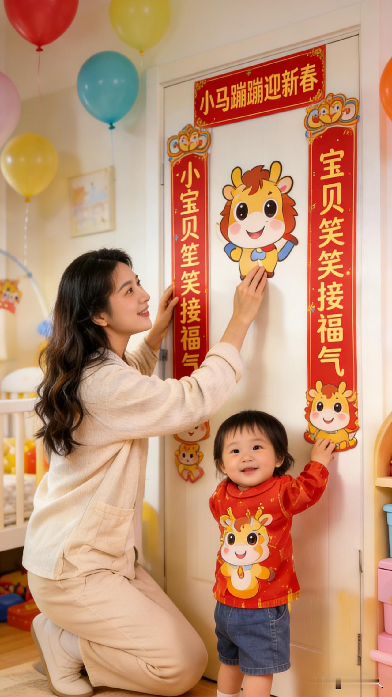 陪娃写春联时，她一眼就盯上这副软萌款，说要贴在自己房门上！
上联：小马蹦蹦迎新春