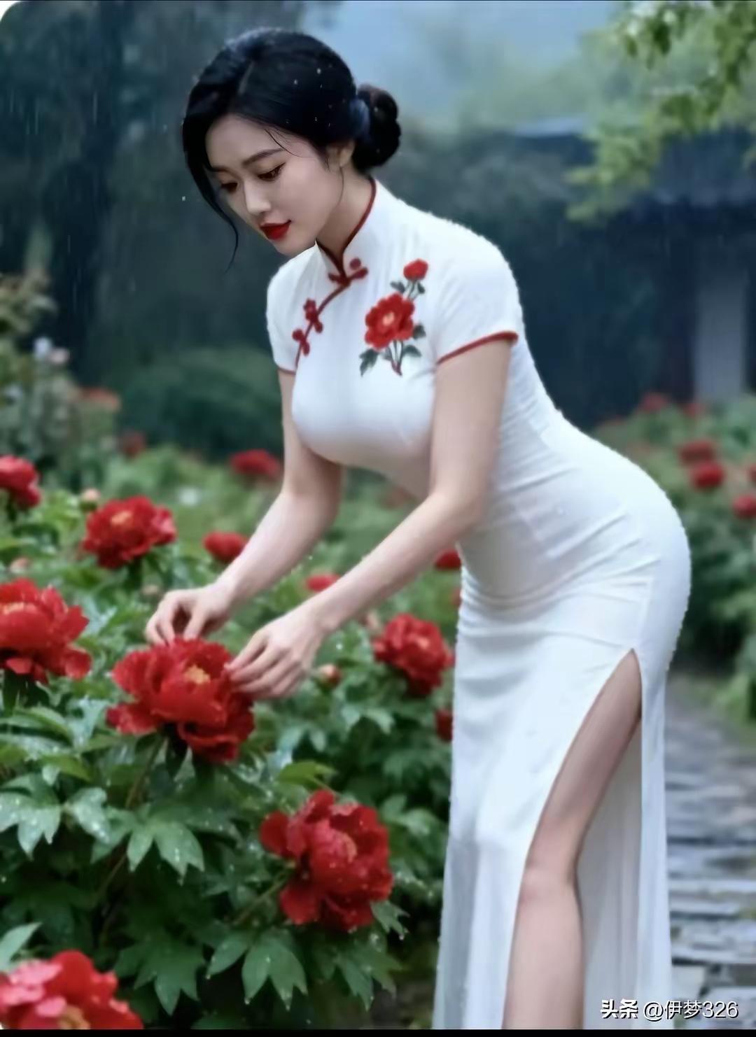 牡丹花开红艳艳，
白衣美女走上前。
旗袍肩绣牡丹花，
手抚花儿心喜欢。
